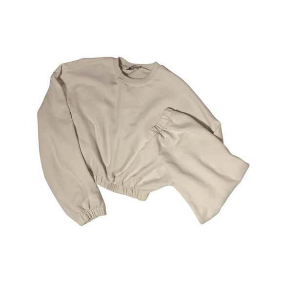 Beige Bontany Women Sweatshirt Cropped&Smocked Extra Long Sleeves Oversized M - Picture 6 of 9